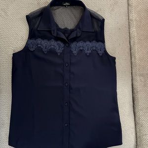 Navy blue collared mesh lace blouse